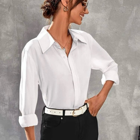 New | White Button Down Collared Shirt w/ Hidden Button | Size Large (8/10) - Picture 2 of 7